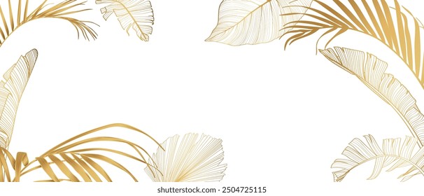 Golden leaves Background Illustration. Tropical line leaves frame. Summer tropical palm leaf. Exotic hawaiian jungle, summer time border frame. 