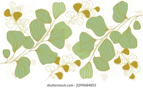 Golden leaves background.luxury gold abstract wallpaper with green color leaves.Design for wallpaper, prints, banner, Home decoration, fabric, and cover design. vector illustration.
