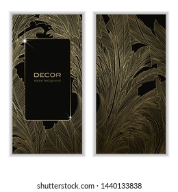 Golden leaves, black background, vector composition.