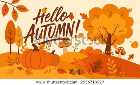 Golden leaves float against a warm orange-beige sky. Hello Autumn! in an elegant handwritten font. Below is a tree with a mushroom, in leaves. Poster, card, print. Flat Design. Vector illustration.