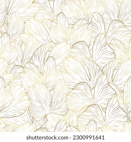 Golden leaves Ginkgo Biloba  background. Luxury floral art line. Gold leaves natural pattern.