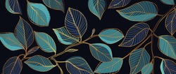 Golden Leaves Line Art Background Vector. Luxury Gold Abstract Wallpaper With Blue And Tidewater Green Color. Design For Prints, Home Decoration, Fabric And Cover Design. Vector Illustration.
