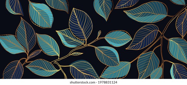 Golden leaves line art background vector. luxury gold abstract wallpaper with blue and tidewater green color. Design for prints, Home decoration, fabric and cover design. vector illustration. svg