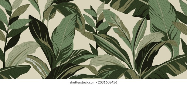 Golden leaves line art background vector. luxury gold abstract wallpaper with earth tone and tidewater green color. Design for prints, Home decoration, fabric and cover design. vector illustration.