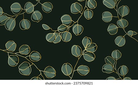 Golden leaves line art background vector. luxury gold abstract wallpaper with green and tidewater green color. Design for prints, vector illustration.	