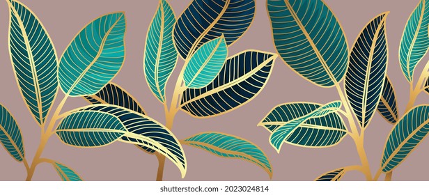 Golden leaves line art pink background vector. luxury gold abstract wallpaper with blue and tidewater green color. Design for prints, Home decoration, fabric and cover design. vector illustration.