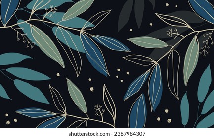 Golden leaves luxury gold abstract wallpaper with blue and tidewater green color. Design for prints, Home decoration, fabric and cover design. vector illustration.