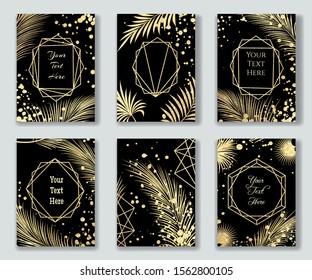 Golden leaves on black templates. Gold palm leaf vector cards on blackness with beautiful elegant frames for invitations and gifts, luxury black corporate fashion patterns collection