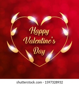Golden leaves on necklace frame with Happy Valentines day message on red blurry bokeh background. Romantic and luxury elegance accessories concept.  Vector illustration and wallpaper graphic design