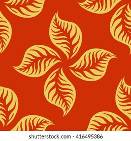 Golden leaves on red seamless pattern. Vector illustration.