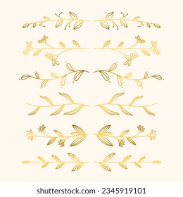 hojas doradas fondo adorno. Hojas doradas vectoriales, flores y ramas. ilustración vectorial. elementos de hoja de rama. Dibujo a mano doodle dorado hojas florales para fondo de boda.