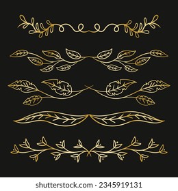 golden leaves ornament background. Vector golden leaves, flowers and branches. vector illustration. branch leaf elements. Hand drawn sketch doodle golden leaves floral element for wedding background.