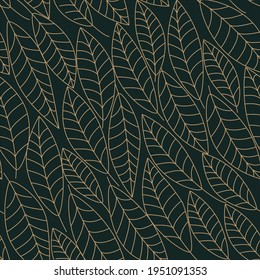 Golden leaves Pattern on a dark green background. Endless Background. Seamless