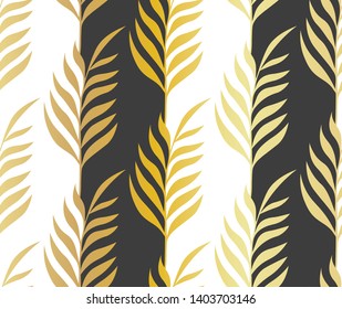 Golden leaves pattern. Seamless vector gold gradient wallpaper with repeated tropical leaves. Background for textile, fabric, design, banner.