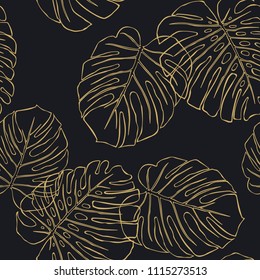 Golden leaves of a plant Monstera on a black background. Vector seamless pattern.