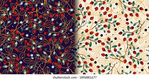 Golden leaves with rose hip berries. For textile, paper, cards, packaging. Vector seamless pattern.
