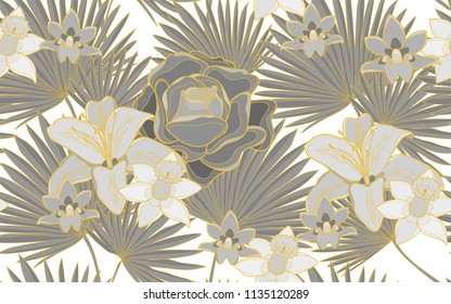 Golden leaves, roses and hawaiian flowers. Big leaves and exotic flowers composition. Vector illustration. Botanical seamless wallpaper. Digital nature art. Cartoon style sketch. White background.