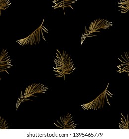 Golden leaves. Seamless pattern. Tropical palm foliage. Hand drawn vector illustrations. Square tile.