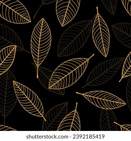 Golden leaves seamless pattern. Vector floral background with gold simple leaf