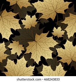 Golden leaves, seamless pattern, vector background. Golden maple leaves on a black background. Luxury design, expensive jewelry, decorative element