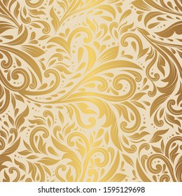 Golden leaves seamless pattern. Vintage vector ornament template. Paisley elements. Great for fabric, invitation, background, wallpaper, decoration, packaging or any desired idea.