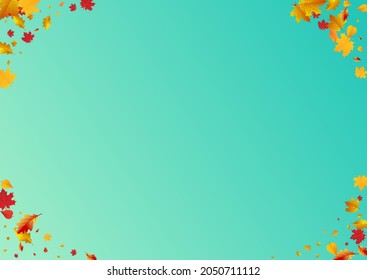 Golden Leaves Vector Blue Background. October Plant Frame. Green Down Leaf Card. Beautiful Template.