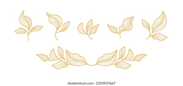 Golden leaves, vector line collection. Art deco set. Vintage simple illustration, nature symbol