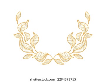 Golden leaves, vector round wreath. Art deco symbol. Vintage simple illustration, organic tea