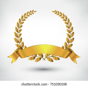 Golden Leaves Wreath .Vector Laurel Wreath With Ribbon.