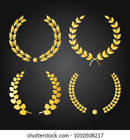 Golden leaves wreaths set. Template for awards, badges, quality marks and certificates. On the black background