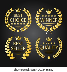 Golden leaves wreaths set. Template for awards, badges, quality marks and certificates. On the black background