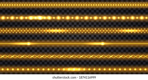 Golden LED strips and garlands with neon glowing effect and glitter light. Luminous shiny gold border tapes, isolated on transparent background. Vector illustration