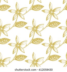 Golden lemon flowers seamless pattern in vintage stippling style. Hand drawn. Vector illustration. Design for food, cosmetics, medicinal, homeopathy products and more. All over print.