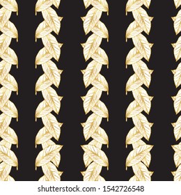 Golden lemon leaves folded vertically symmetrically. Seamless pattern. White and gold details on a dark background. Shameless pattern.