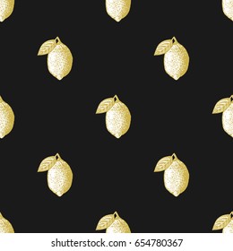 Golden lemon  on black background seamless pattern in vintage stippling style.Vector illustration. Design for food, cosmetics, medicinal, homeopathy products and more. All over print.