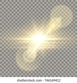 Golden lens flare camera effect. Realistic play of light with bokeh, glimpse, flash and rays.