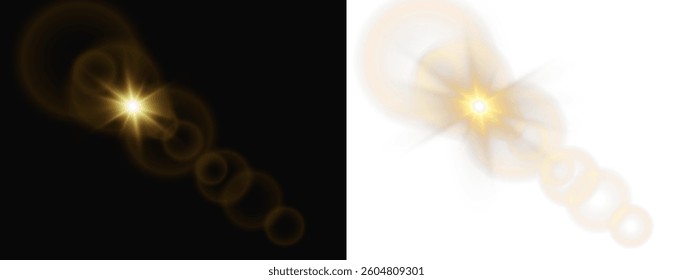 Golden Lens Flare Effect – Realistic Light Burst with Sparkling Highlights on Transparent Background