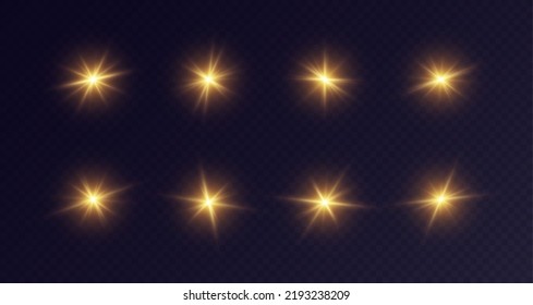 Golden lens flare, glowing star with rays, shiny flash spark, bright cosmic explosion isolated on black. Christmas lights concept. Vector illustration.