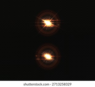 Golden lens flare light effect set. Abstract orange sun burst with rays and sparkles on black background. Glowing optical flash overlay