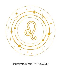 Golden Leo sign stylized with planets and stars in orbits on a white background