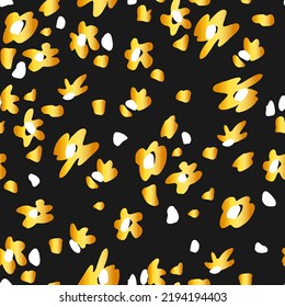 Golden leopard on black background seamless pattern. Abstract flower spots. Animalistic vector background.