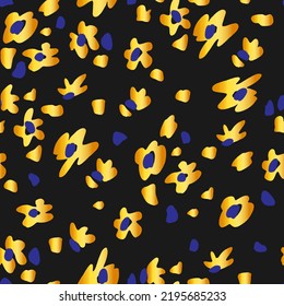 Golden leopard on black background seamless pattern. Abstract blue flower spots. Animalistic vector background.