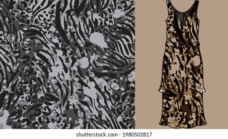 Golden leopard print pattern on women's dress mockup. Vector seamless background. Subtle animal skin texture of jaguar, leopard, cheetah, panther, puma. 