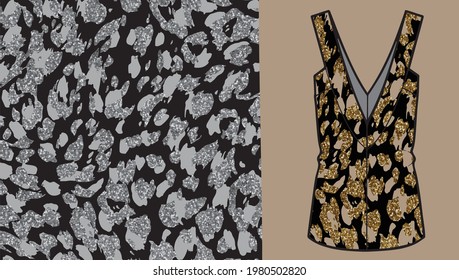 Golden leopard print pattern  on women's top mockup. Vector seamless background. Subtle animal skin texture of jaguar, leopard, cheetah, panther, puma. 