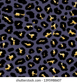 Golden leopard print pattern. Vector seamless background. Animal skin texture of jaguar, leopard, cheetah, panther, leopard. Black and gold spots on gray background. Repeat design for textile, fabric