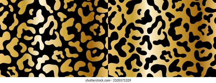 Golden leopard seamless patterns. Black and gold background