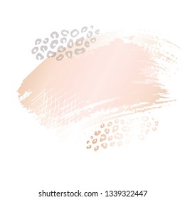 Golden leopard skin pink art frames. Modern card design, brush stroke, gold, premium invitation template. Pastel rose colors brush strokes, pink gold contour square frame. Abstract background.