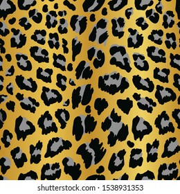 Golden leopard skin seamless pattern. Imitation of the skin. Wild cat, predator. Gold background, black and gray spots.