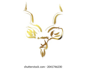 Golden lesser kudu head  with golden brush stroke  isolate on white background (Vector flat concept)