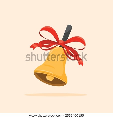 golden lesson school bell with red ribbon in flat style, christmas celebration decoration suitable for poster and web icon